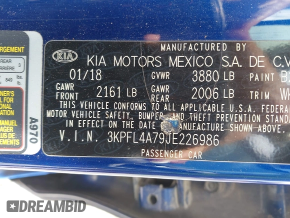 2018 Kia Forte LX with VIN 3KPFL4A79JE226986, listed as a IAAI auction lot 42090225 with 124,133 mi miles and . Bid and sale history available at DreamBid. Image 9.