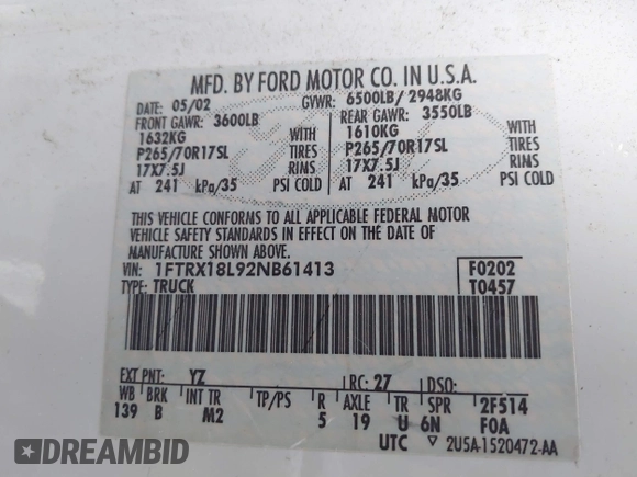 2002 Ford F-150 XL z VIN 1FTRX18L92NB61413, wystawiony jako IAAI lot #42306426 z przebiegiem 259 658 mil mil oraz . Historia ofert i sprzedaży dostępna na DreamBid. Obrazek 9.