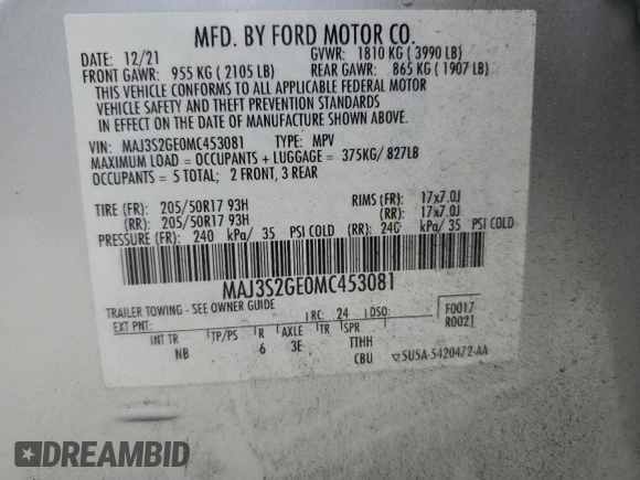 2021 Ford EcoSport SE with VIN MAJ3S2GE0MC453081, listed as a Copart auction lot 51203875 with 23,716 mi miles and Non Repairable. Bid and sale history available at carsss.com. Image 13.