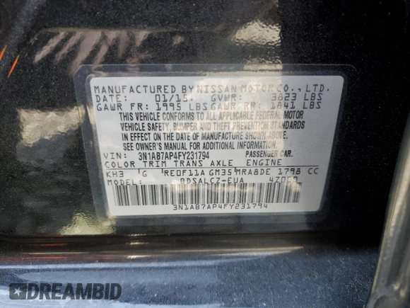 2015 Nissan Sentra S with VIN 3N1AB7AP4FY231794, listed as a Copart auction lot 51615905 with 186,492 mi miles and Clean Title. Bid and sale history available at DreamBid. Image 12.