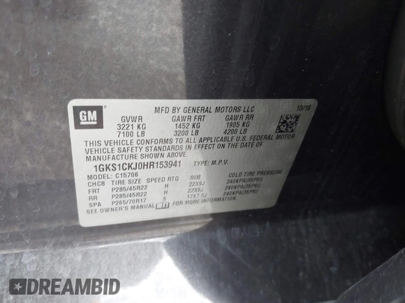 2017 GMC Yukon Denali with VIN 1GKS1CKJ0HR153941, listed as a IAAI auction lot 41300648 with 128,193 mi miles. Bid and sale history available at carsss.com. Image 9.