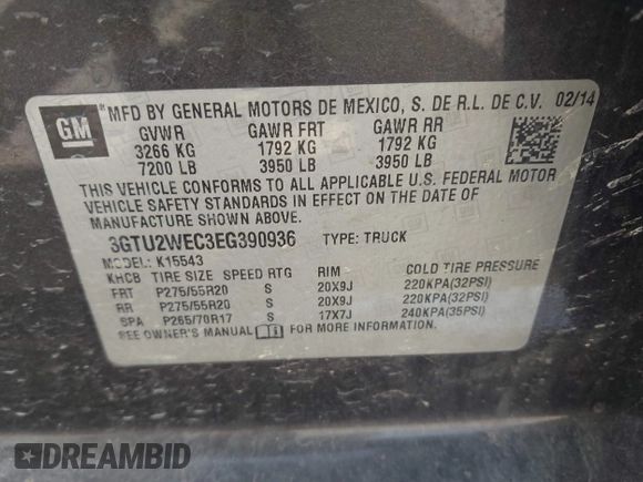 2014 GMC Sierra 1500 Denali with VIN 3GTU2WEC3EG390936, listed as a IAAI auction lot 42253577 with 196,852 mi miles and . Bid and sale history available at DreamBid. Image 9.