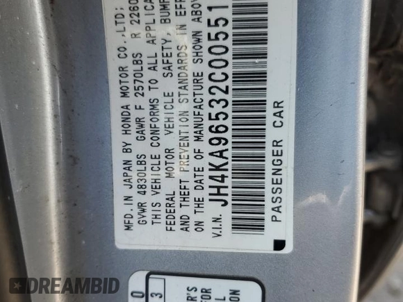 2002 Acura RL with VIN JH4KA96532C005514, listed as a Copart auction lot 59816415 with 166,491 mi miles and Salvage title. Bid and sale history available at DreamBid. Image 12.
