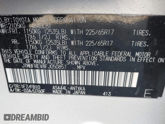 2015 Toyota RAV4 LE with VIN JTMBFREV8FJ050857, listed as a IAAI auction lot 41319739 with 144,441 mi miles. Bid and sale history available at carsss.com. Image 9.