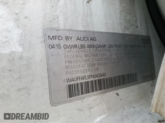 2015 Audi A4 Premium Plus with VIN WAUFFAFL9FN043440, listed as a Copart auction lot 46427395 with 118,151 mi miles and Salvage Title. Bid and sale history available at carsss.com. Image 13.