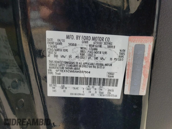 2010 Ford F-150 XL with VIN 1FTEX1CW5AKE07504, listed as a Copart auction lot 61187575 with 176,296 mi miles and Salvage title. Bid and sale history available at DreamBid. Image 12.