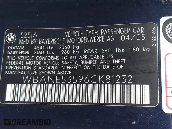 2006 BMW 5 Series 525i with VIN WBANE53596CK81232, listed as a IAAI auction lot 41723176 with 187,335 mi miles and . Bid and sale history available at DreamBid. Image 9.
