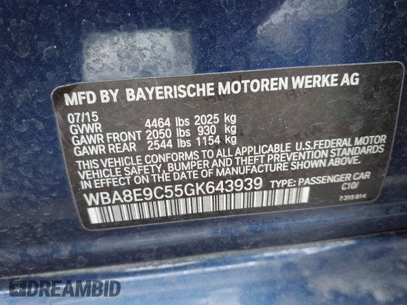 2016 BMW 3 Series 328i with VIN WBA8E9C55GK643939, listed as a IAAI auction lot 41721554 with 103,822 mi miles and . Bid and sale history available at DreamBid. Image 9.