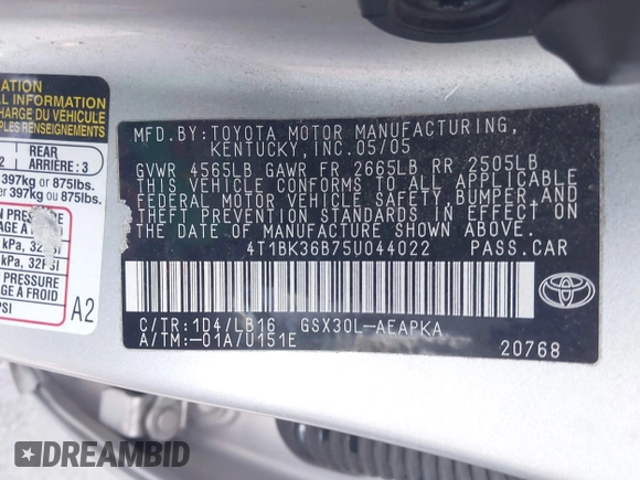 2005 Toyota Avalon XL z VIN 4T1BK36B75U044022, wystawiony jako IAAI lot #41330241 z przebiegiem 196 362 mil mil oraz . Historia ofert i sprzedaży dostępna na DreamBid. Obrazek 9.