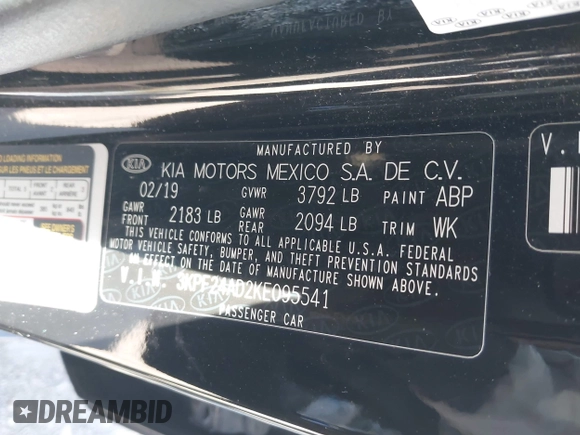 2019 Kia Forte LXS with VIN 3KPF24AD2KE095541, listed as a IAAI auction lot 41992191 with 68,000 mi miles and . Bid and sale history available at DreamBid. Image 9.