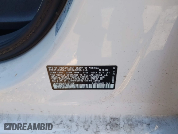2015 Volkswagen Passat SE с VIN 1VWBS7A31FC075721, выставлен на аукционе IAAI как лот 42326684 с пробегом 177 448 миль миль и . История ставок и продаж доступна на DreamBid. Изображение 9.
