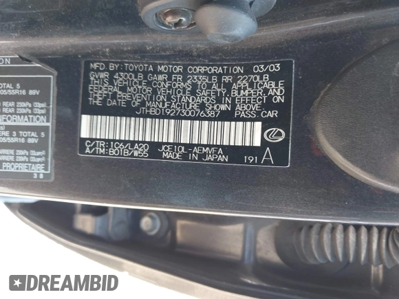 2003 Lexus IS 300/350 with VIN JTHBD192730076387, listed as a IAAI auction lot 42004188 with 227,448 mi miles and . Bid and sale history available at DreamBid. Image 9.