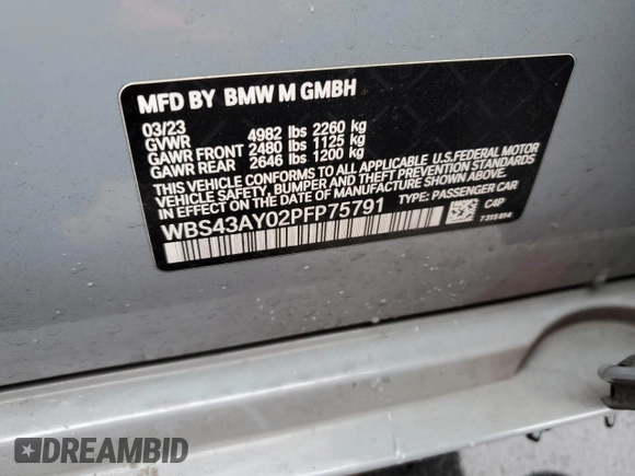 2023 BMW M3 Competition xDrive z VIN WBS43AY02PFP75791, wystawiony jako Copart lot #46810125 z przebiegiem Nie podano mil oraz Szkoda całkowita • Salvage title. Historia ofert i sprzedaży dostępna na DreamBid. Obrazek 14.