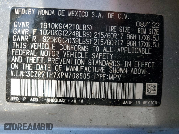 2023 Honda HR-V EX-L with VIN 3CZRZ1H7XPM708505, listed as a Copart auction lot 42523595 with 41,553 mi miles and Salvage title. Bid and sale history available at DreamBid. Image 14.
