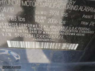 2019 Hyundai Elantra SEL with VIN 5NPD84LFXKH487473, listed as a IAAI auction lot 41516656 with 95,520 mi miles. Bid and sale history available at carsss.com. Image 9.