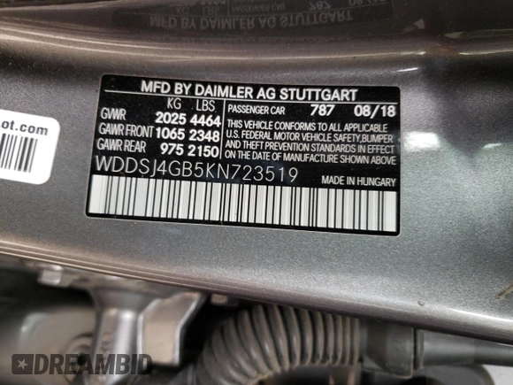 2019 Mercedes-Benz CLA with VIN WDDSJ4GB5KN723519, listed as a Copart auction lot 42684593 with 20,054 mi miles. Bid and sale history available at carsss.com. Image 12.