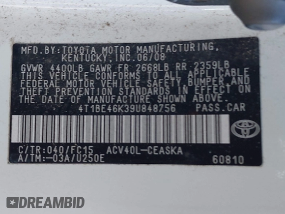2009 Toyota Camry with VIN 4T1BE46K39U848756, listed as a IAAI auction lot 41563077 with 260,050 mi miles. Bid and sale history available at carsss.com. Image 9.