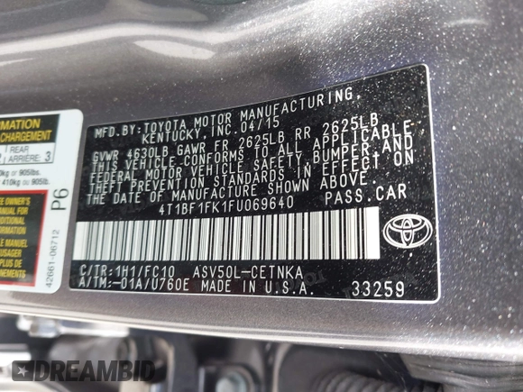 2015 Toyota Camry XLE with VIN 4T1BF1FK1FU069640, listed as a IAAI auction lot 42114496 with 67,702 mi miles and . Bid and sale history available at carsss.com. Image 9.
