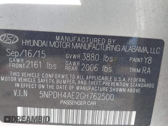 2016 Hyundai Elantra SE with VIN 5NPDH4AE2GH762500, listed as a IAAI auction lot 42236798 with 92,058 mi miles and . Bid and sale history available at DreamBid. Image 9.