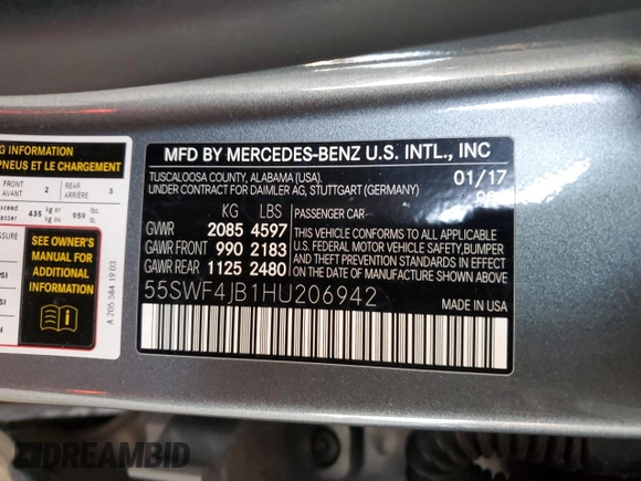 2017 Mercedes-Benz C 300 with VIN 55SWF4JB1HU206942, listed as a Copart auction lot 54376905 with 119,453 mi miles and Clean Title. Bid and sale history available at carsss.com. Image 12.