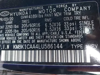 2020 Hyundai Kona SE with VIN KM8K1CAA4LU586144, listed as a IAAI auction lot 41158718 with 19,951 mi miles. Bid and sale history available at carsss.com. Image 9.
