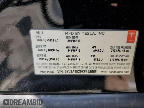 2019 Tesla Model S 75D z VIN 5YJSA1E29KF348065, wystawiony jako Copart lot #60290925 z przebiegiem 73 573 mil mil oraz Szkoda całkowita • Salvage title. Historia ofert i sprzedaży dostępna na DreamBid. Obrazek 13.