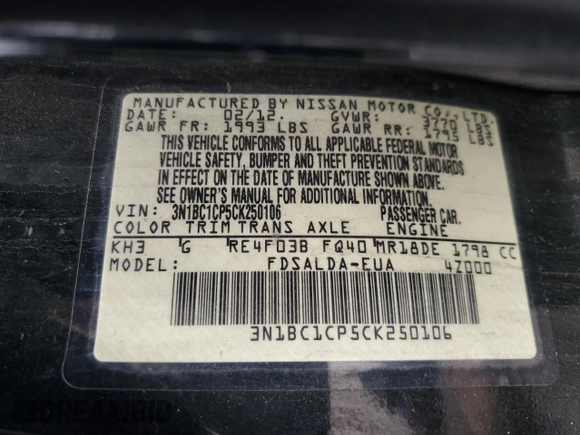 2012 Nissan Versa S with VIN 3N1BC1CP5CK250106, listed as a Copart auction lot 53206105 with 179,155 mi miles and Clean Title. Bid and sale history available at carsss.com. Image 12.