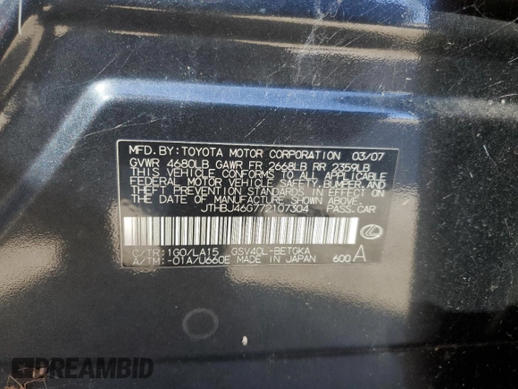 2007 Lexus ES 330 with VIN JTHBJ46G772107304, listed as a Copart auction lot 41905445 with 157,772 mi miles and Clean Title. Bid and sale history available at DreamBid. Image 12.