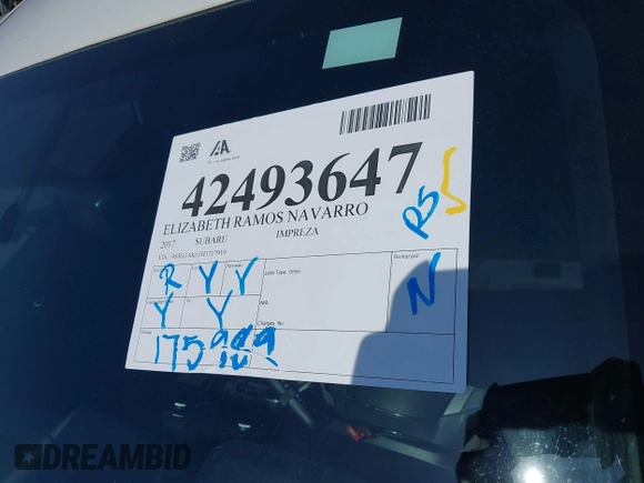 2017 Subaru Impreza Special Sports with VIN 4S3GTAK63H3717919, listed as a IAAI auction lot 42493647 with 175,989 mi miles and . Bid and sale history available at DreamBid. Image 18.