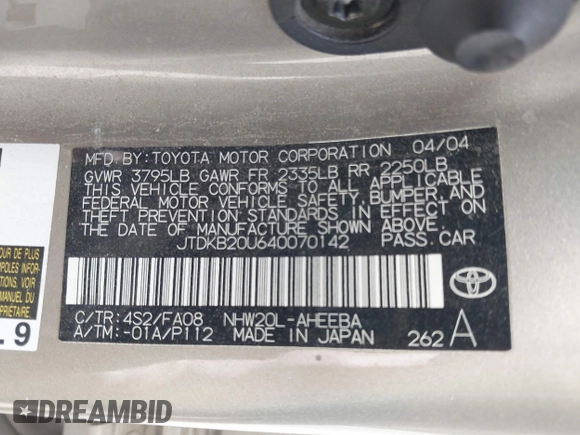 2004 Toyota Prius with VIN JTDKB20U640070142, listed as a IAAI auction lot 42235853 with 111,700 mi miles and . Bid and sale history available at DreamBid. Image 9.
