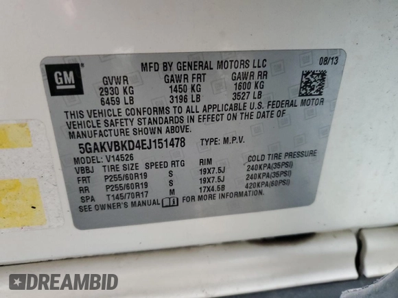 2014 Buick Enclave Leather with VIN 5GAKVBKD4EJ151478, listed as a Copart auction lot 49419385 with 186,799 mi miles and Non Repairable. Bid and sale history available at DreamBid. Image 15.