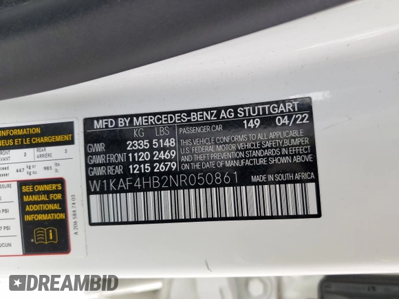 2022 Mercedes-Benz C 300 with VIN W1KAF4HB2NR050861, listed as a Copart auction lot 54904865 with Not provided miles and Salvage title. Bid and sale history available at DreamBid. Image 12.