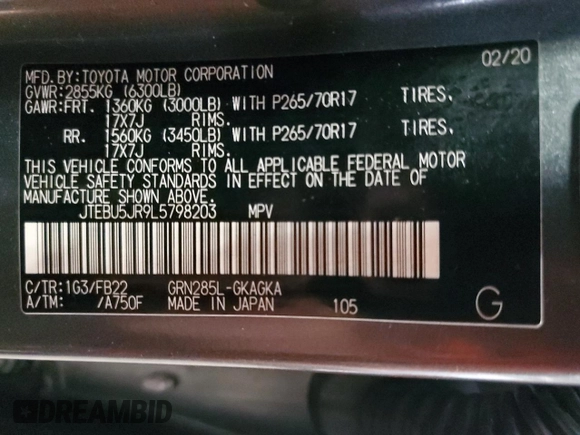 2020 Toyota 4Runner SR5 with VIN JTEBU5JR9L5798203, listed as a Copart auction lot 61198375 with 127,211 mi miles and Clean title. Bid and sale history available at DreamBid. Image 13.