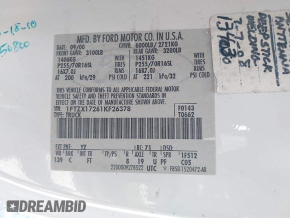 2001 Ford F-150 XL with VIN 1FTZX17261KF26378, listed as a IAAI auction lot 42483513 with Not provided miles and . Bid and sale history available at DreamBid. Image 9.