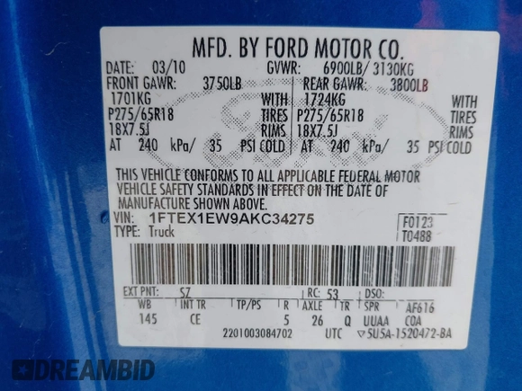 2010 Ford F-150 XL z VIN 1FTEX1EW9AKC34275, wystawiony jako IAAI lot #42183779 z przebiegiem 261 624 mil mil oraz . Historia ofert i sprzedaży dostępna na DreamBid. Obrazek 9.