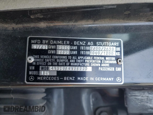 1989 Mercedes-Benz 560 with VIN WDBCA39D7KA428225, listed as a Copart auction lot 85363764 with 263,874 mi miles and Clean Title. Bid and sale history available at DreamBid. Image 12.