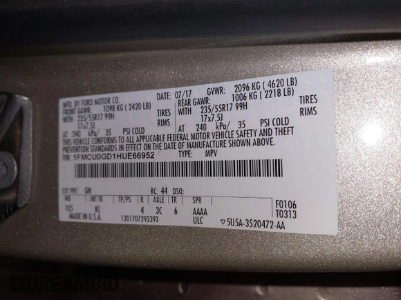 2017 Ford Escape SE z VIN 1FMCU0GD1HUE66952, wystawiony jako IAAI lot #41750959 z przebiegiem 86 442 mil mil oraz . Historia ofert i sprzedaży dostępna na DreamBid. Obrazek 9.