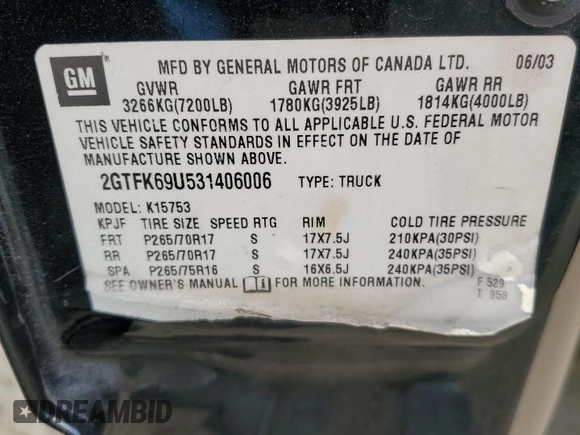 2003 GMC Sierra Denali z VIN 2GTFK69U531406006, wystawiony jako Copart lot #89369145 z przebiegiem Nie podano mil oraz Tytuł czysty. Historia ofert i sprzedaży dostępna na DreamBid. Obrazek 12.