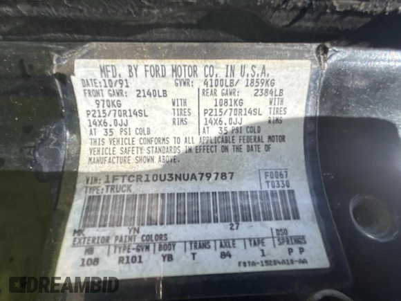 1992 Ford Ranger with VIN 1FTCR10U3NUA79787, listed as a Copart auction lot 52343455 with 2,510 mi miles and Clean Title. Bid and sale history available at carsss.com. Image 10.