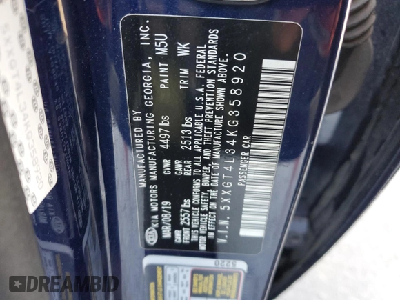 2019 Kia Optima LX with VIN 5XXGT4L34KG358920, listed as a Copart auction lot 42580785 with 88,416 mi miles and Salvage Title. Bid and sale history available at carsss.com. Image 12.