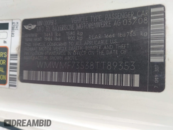 2008 MINI Hardtop S z VIN WMWMF73538TT89353, wystawiony jako IAAI lot #42647235 z przebiegiem 145 321 mil mil oraz . Historia ofert i sprzedaży dostępna na DreamBid. Obrazek 9.