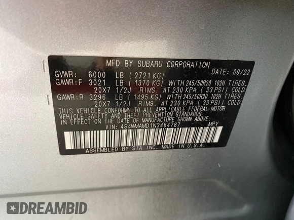 2022 Subaru Ascent Limited z VIN 4S4WMAMD1N3464787, wystawiony jako IAAI lot #42788986 z przebiegiem 76 759 mil mil oraz . Historia ofert i sprzedaży dostępna na DreamBid. Obrazek 2.