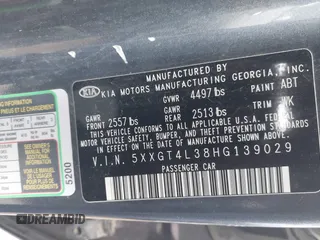 2017 Kia Optima LX z VIN 5XXGT4L38HG139029, wystawiony jako IAAI lot #41170780 z przebiegiem 131 201 mil mil oraz . Historia ofert i sprzedaży dostępna na DreamBid. Obrazek 9.