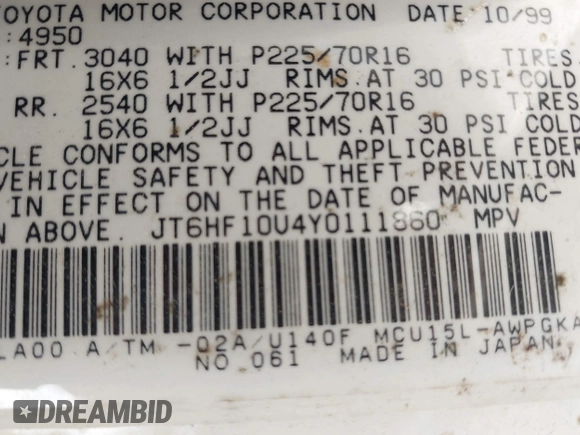 2000 Lexus RX 300 with VIN JT6HF10U4Y0111860, listed as a IAAI auction lot 42052981 with 137,828 mi miles and . Bid and sale history available at DreamBid. Image 9.
