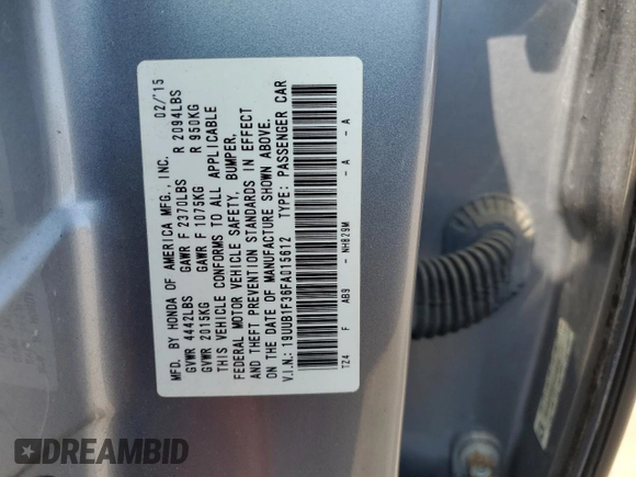 2015 Acura TLX with VIN 19UUB1F36FA015612, listed as a Copart auction lot 60851825 with 122,687 mi miles and Salvage title. Bid and sale history available at DreamBid. Image 12.