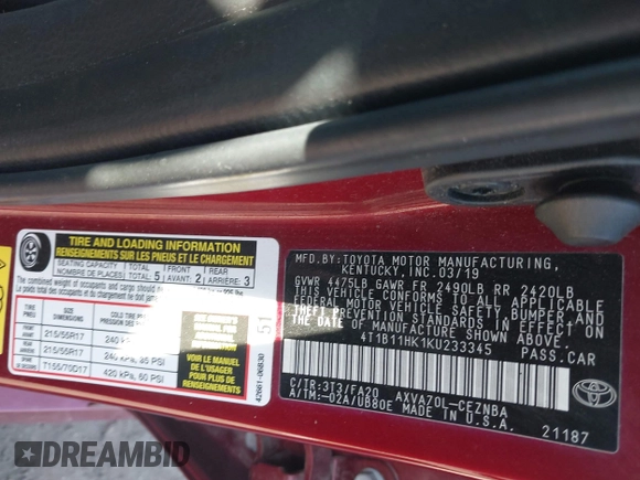 2019 Toyota Camry LE with VIN 4T1B11HK1KU233345, listed as a IAAI auction lot 41971136 with 51,499 mi miles and . Bid and sale history available at DreamBid. Image 9.