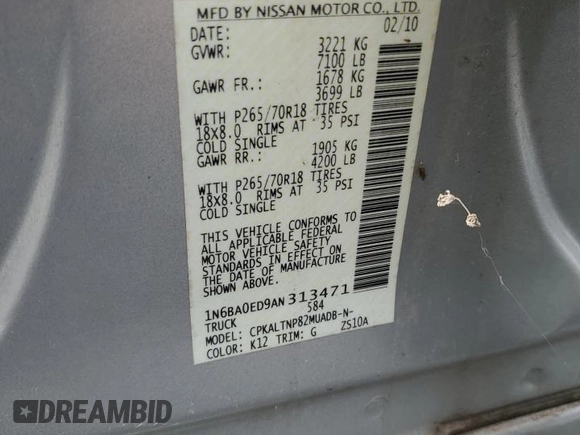 2010 Nissan Titan SE with VIN 1N6BA0ED9AN313471, listed as a Copart auction lot 53699235 with 218,649 mi miles and Clean Title. Bid and sale history available at carsss.com. Image 12.