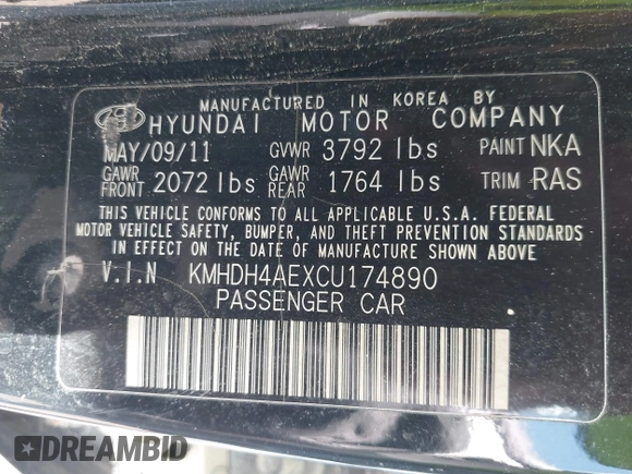 2012 Hyundai Elantra Limited with VIN KMHDH4AEXCU174890, listed as a IAAI auction lot 42788457 with 154,352 mi miles and . Bid and sale history available at DreamBid. Image 9.