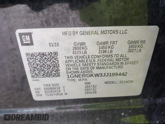 2018 Chevrolet Traverse LT Cloth with VIN 1GNERGKW3JJ199442, listed as a IAAI auction lot 41896347 with 74,806 mi miles and . Bid and sale history available at DreamBid. Image 9.