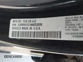 2022 Ram 1500 Lone Star with VIN 1C6RREFG1NN253599, listed as a IAAI auction lot 42065945 with 43,726 mi miles and . Bid and sale history available at DreamBid. Image 9.